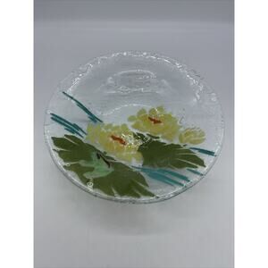 Large Fused Glass Bowl w/ Yellow Flowers 10.75” Wide